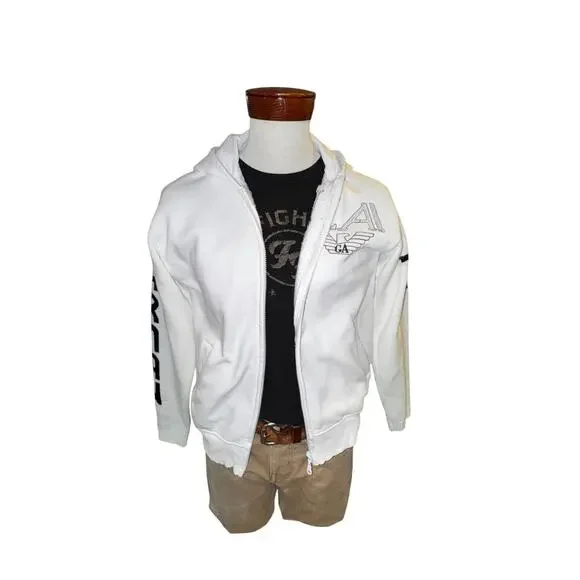 Emporio Armani Mens Size M White Zip Up Hoodie Logo Knit Sleeves